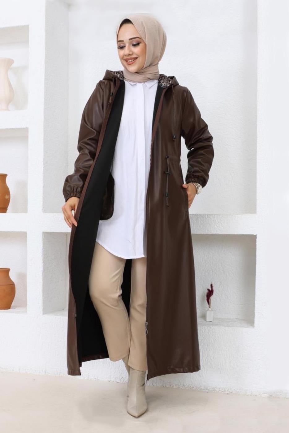 Vêtements hijab BRUN MANTEAU EN SIMILI CUIR À CAPUCHE T 4121