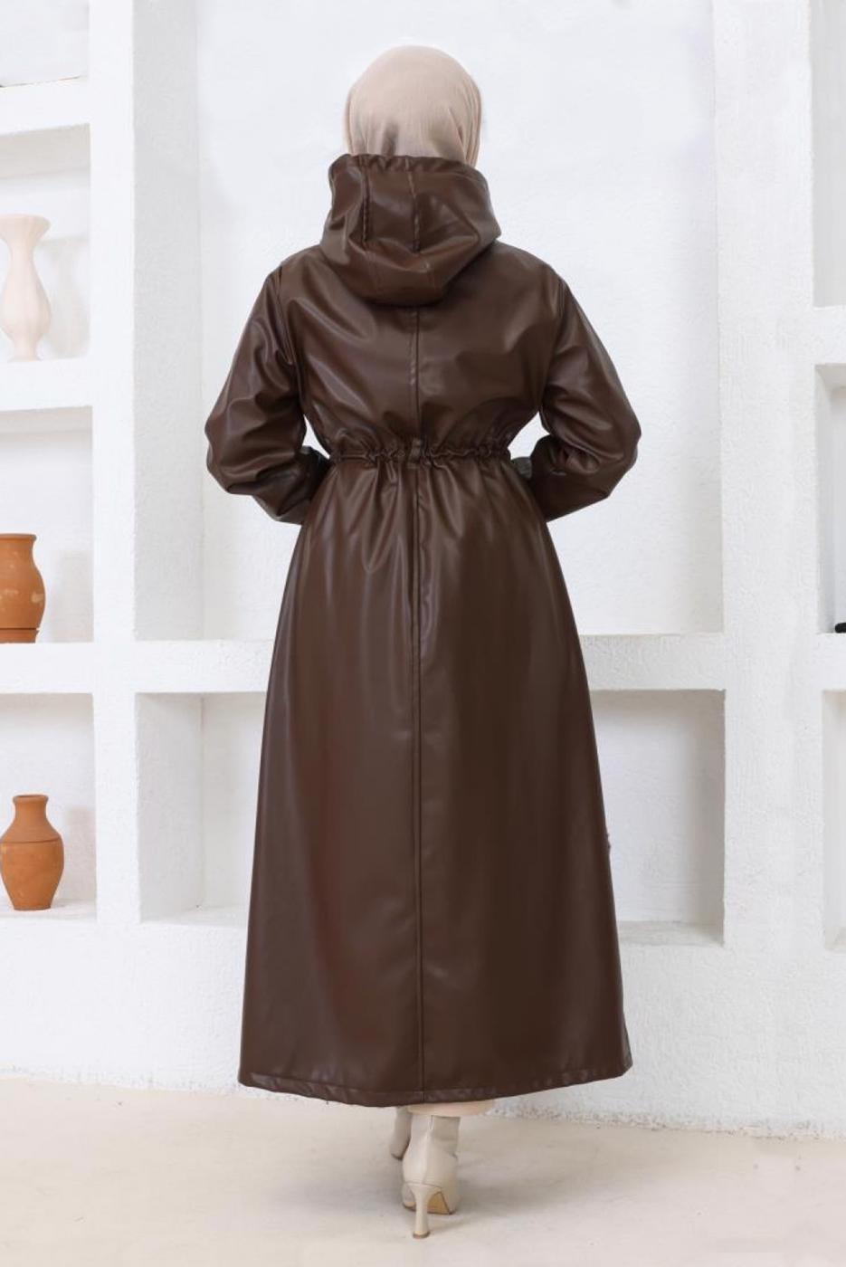 Vêtements hijab BRUN MANTEAU EN SIMILI CUIR À CAPUCHE T 4121