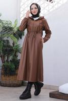 Tesettür giyim TABA KAPÜŞONLU SUNİ DERİ KABAN T 4121