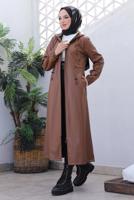 Tesettür giyim TABA KAPÜŞONLU SUNİ DERİ KABAN T 4121