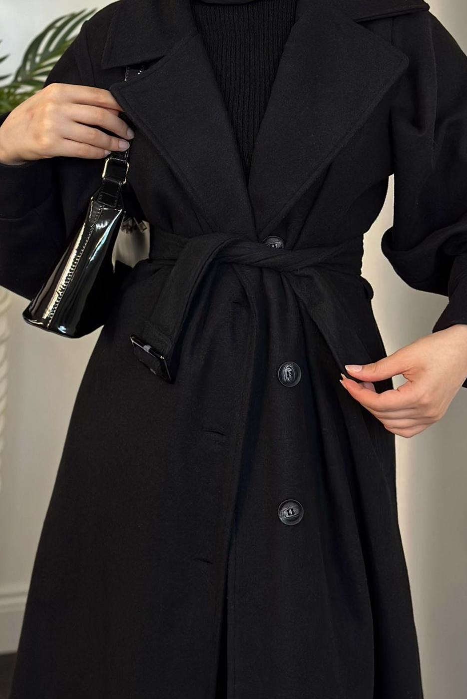 Tesettür giyim SİYAH KUŞAKLI KABAN T 4216