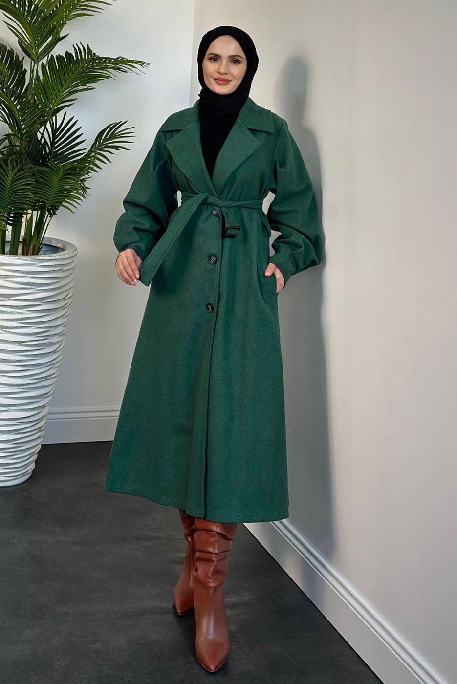 Tesettür giyim YEŞİL KUŞAKLI KABAN T 4216