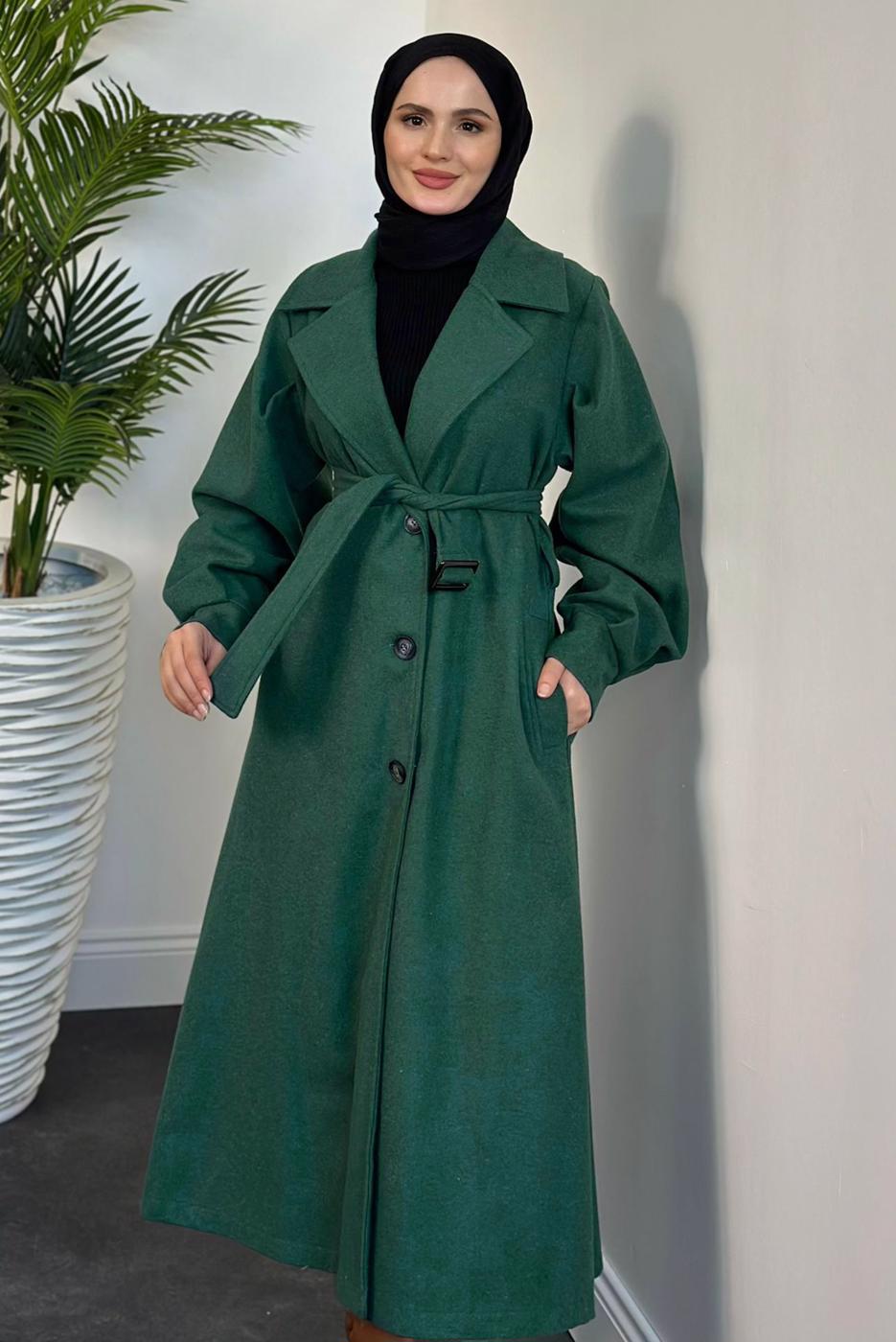 Tesettür giyim YEŞİL KUŞAKLI KABAN T 4216