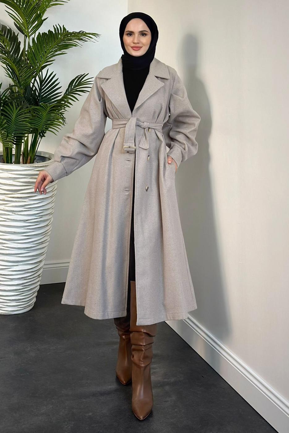 Hijab clothing BEIGE BELTED COAT T 4216