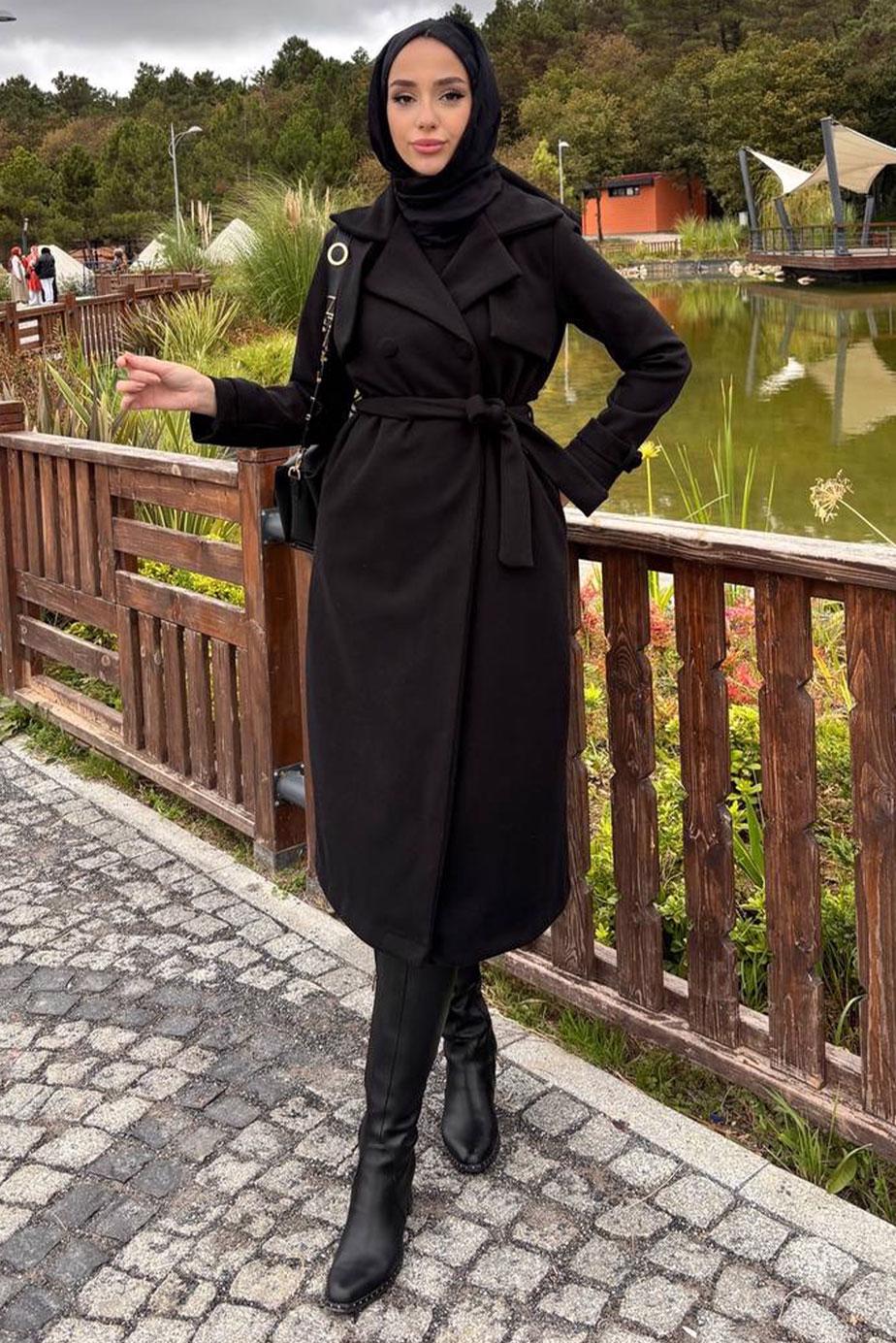 Tesettür giyim SİYAH KUŞAKLI KABAN T 4416