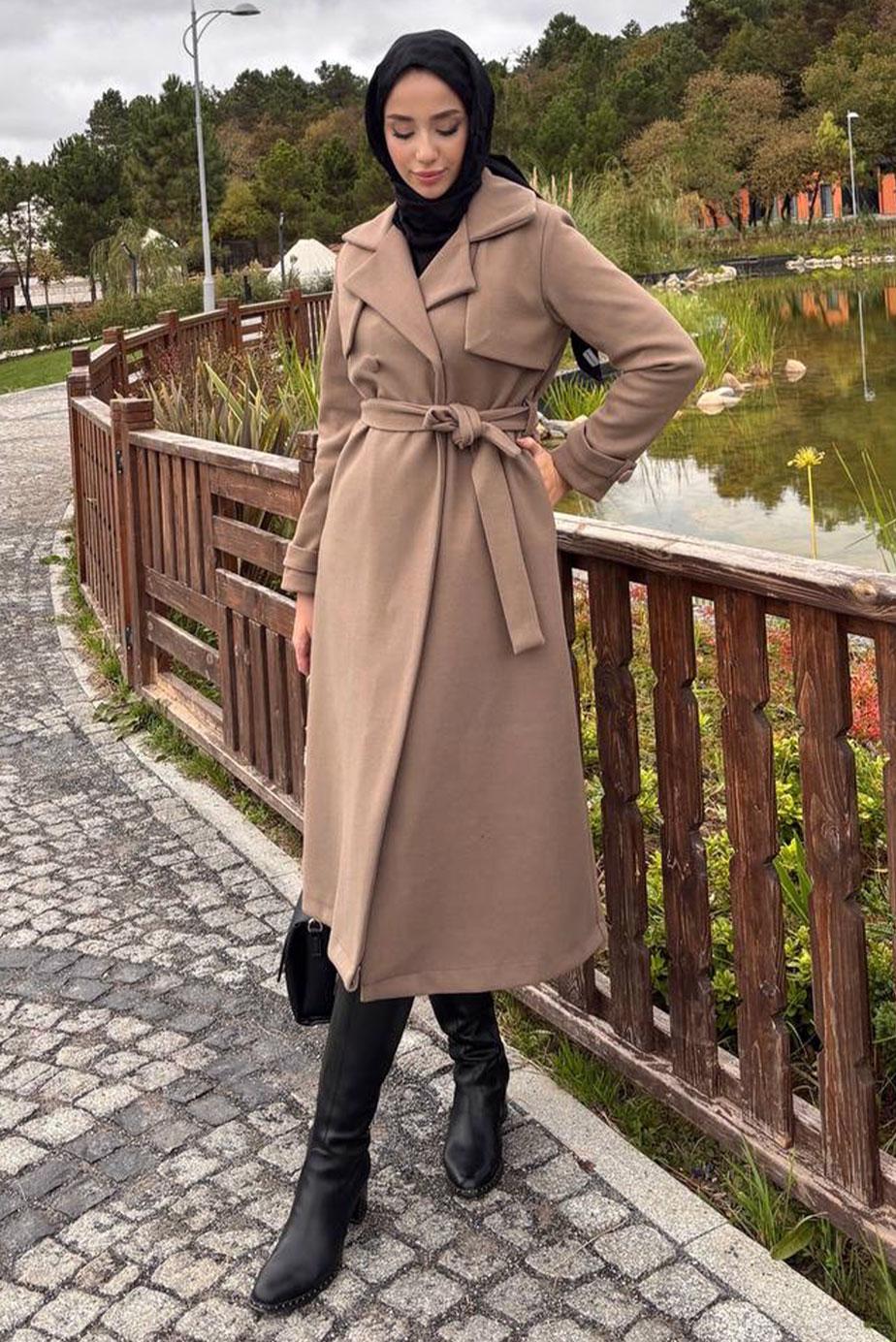 Tesettür giyim VİZON KUŞAKLI KABAN T 4416