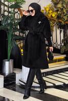 Tesettür giyim SİYAH KUŞAKLI BROŞLU KABAN T 4787