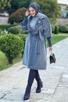 Tesettür giyim GRİ KUŞAKLI BROŞLU KABAN T 4787