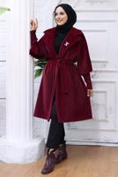 Tesettür giyim BORDO KUŞAKLI BROŞLU KABAN T 4787