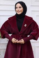 Tesettür giyim BORDO KUŞAKLI BROŞLU KABAN T 4787