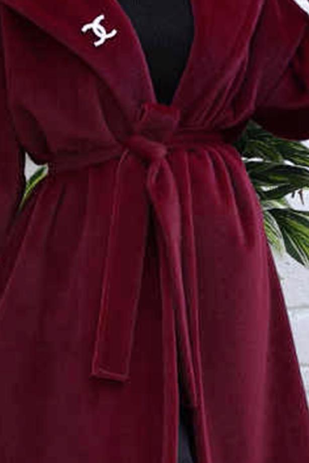Hijab clothing CLARET RED BELTED COAT WITH BROOCH T 4787 - TRENDTESETTÜR
