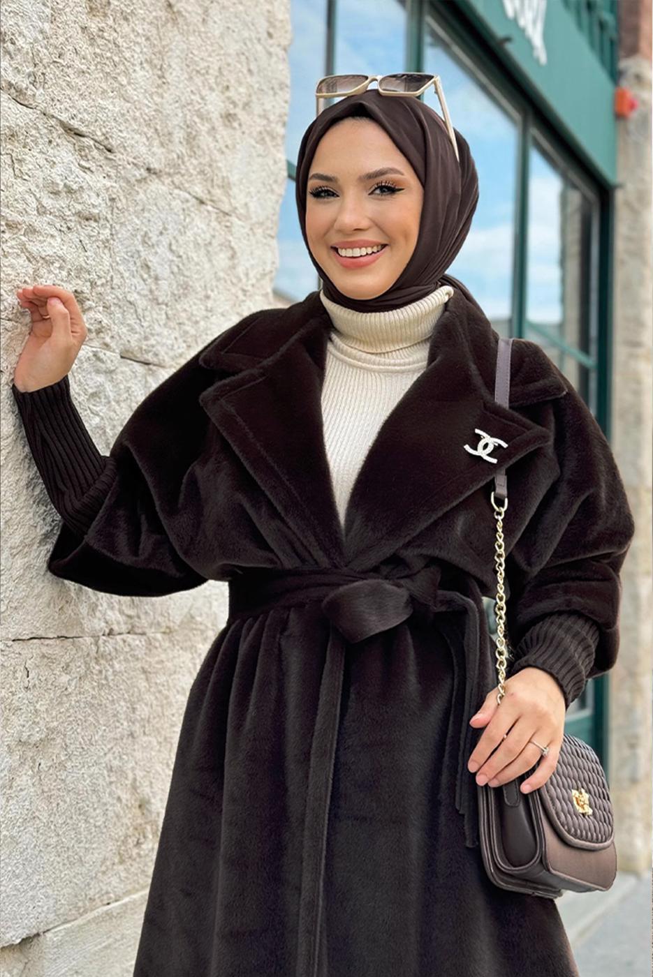 Tesettür giyim KAHVE KUŞAKLI BROŞLU KABAN T 4787