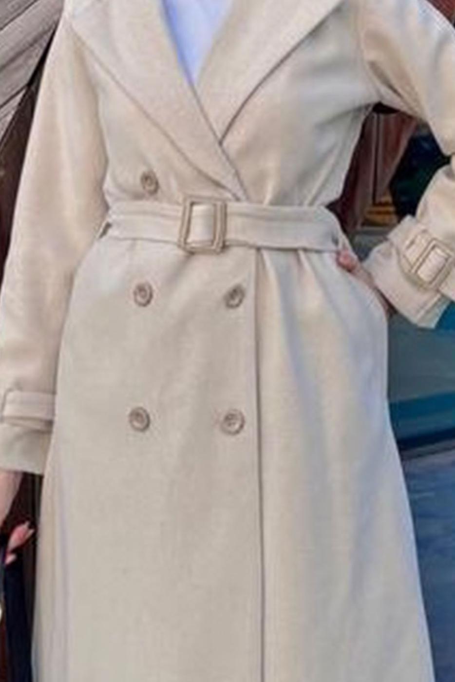 Tesettür giyim BEJ KEMERLİ KABAN T 5216