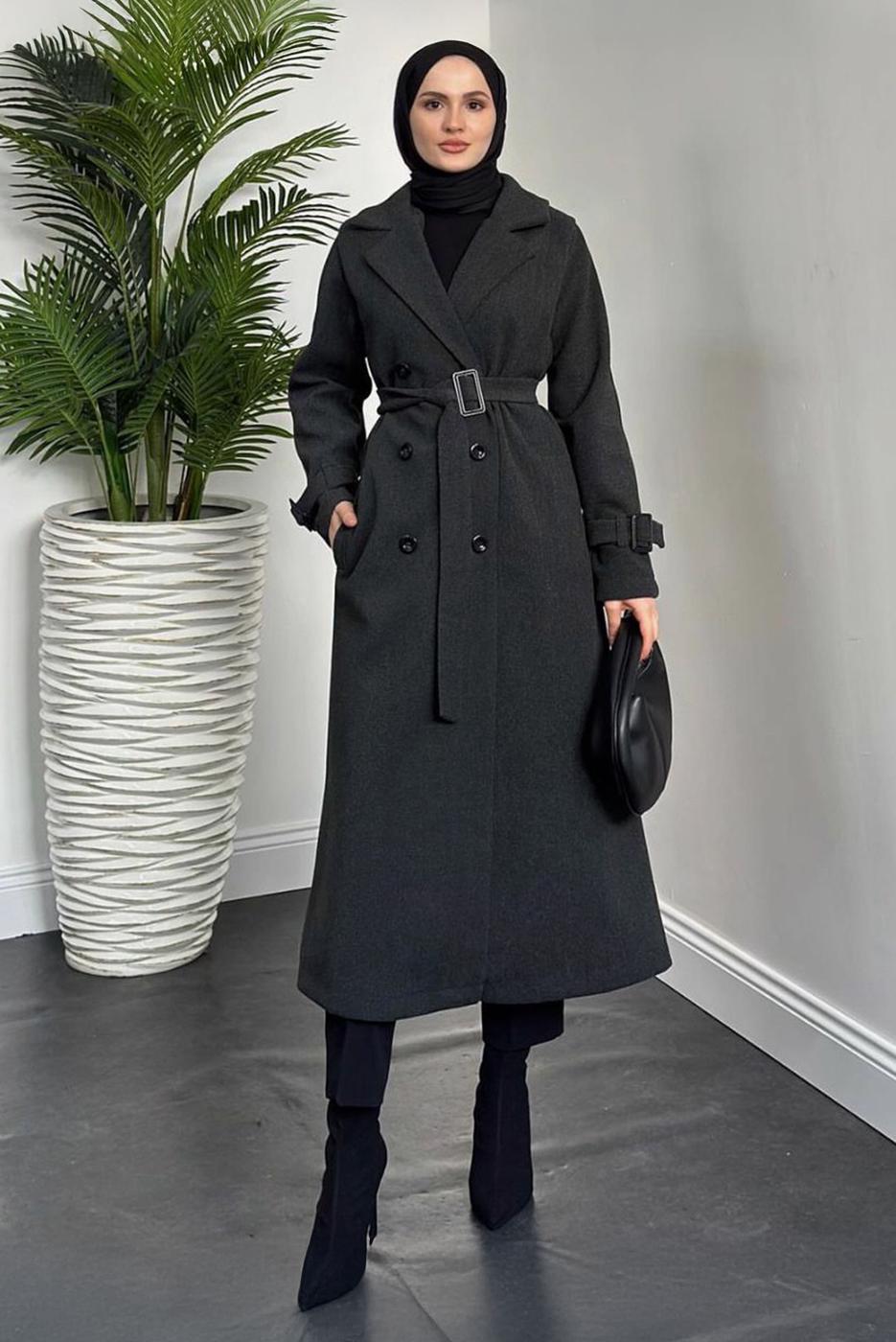 Tesettür giyim GRİ KEMERLİ KABAN T 5216