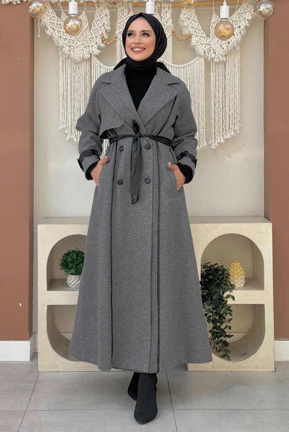 Tesettür giyim GRİ KUŞAKLI MANTO T 5497