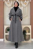 Tesettür giyim GRİ KUŞAKLI MANTO T 5497
