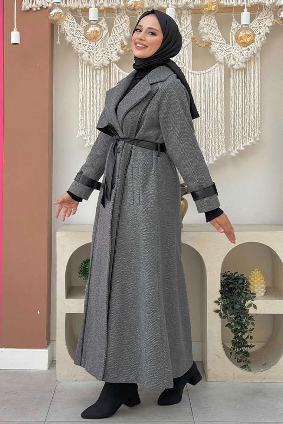 Tesettür giyim GRİ KUŞAKLI MANTO T 5497