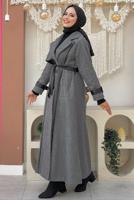 Tesettür giyim GRİ KUŞAKLI MANTO T 5497