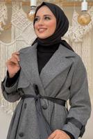 Tesettür giyim GRİ KUŞAKLI MANTO T 5497