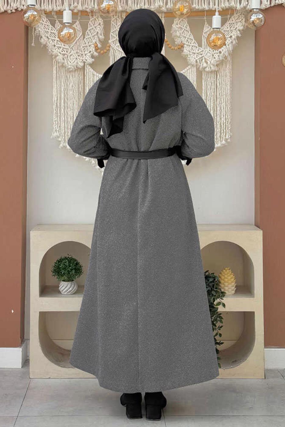 Tesettür giyim GRİ KUŞAKLI MANTO T 5497