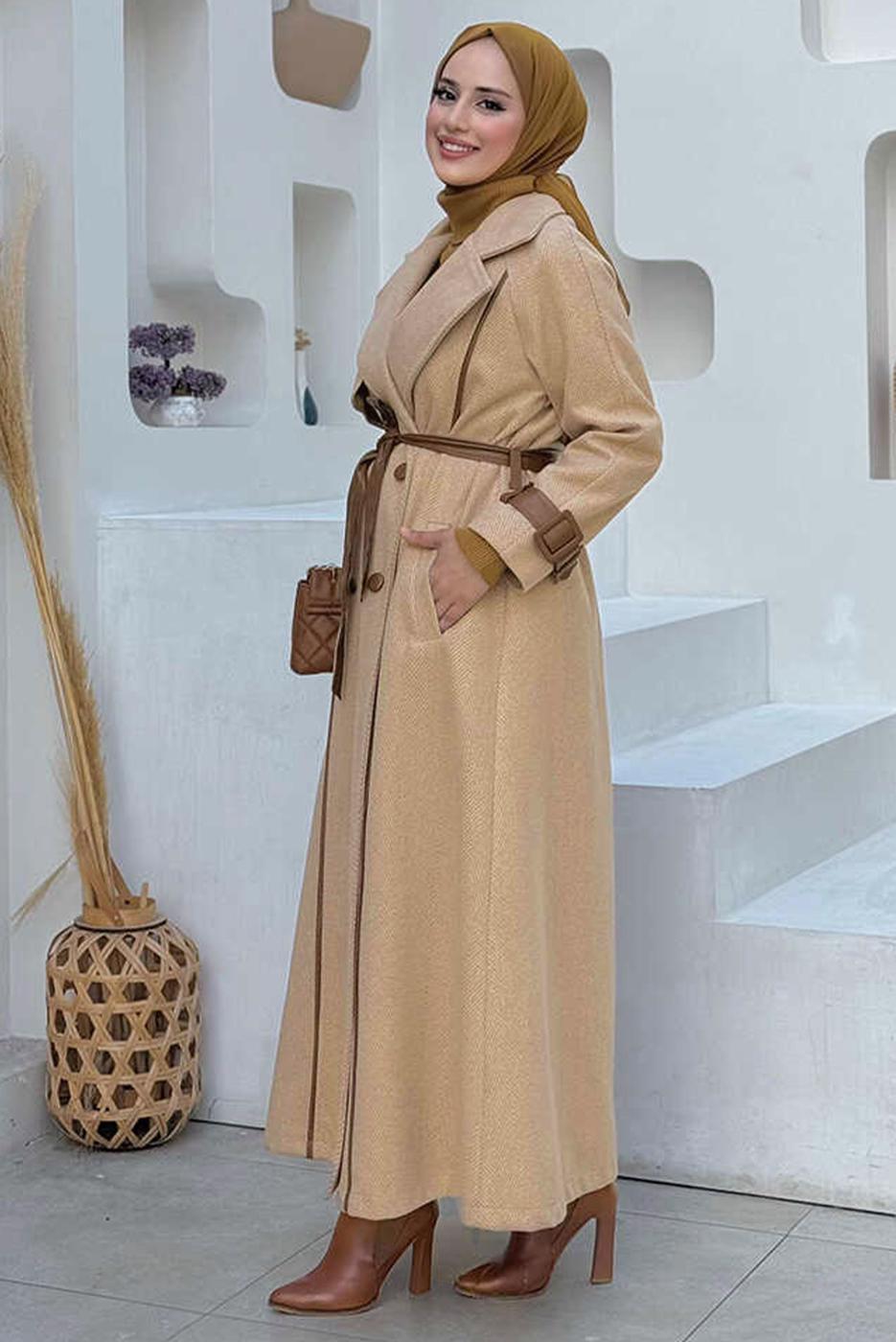 Tesettür giyim VİZON KUŞAKLI MANTO T 5497