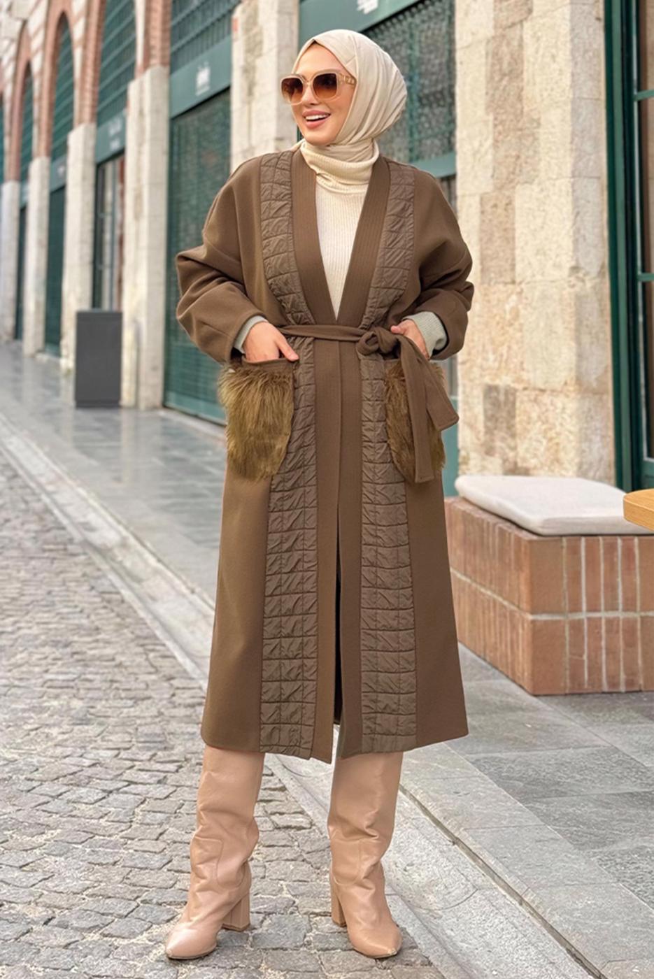 Tesettür giyim KAHVE KUŞAKLI KABAN T 5687