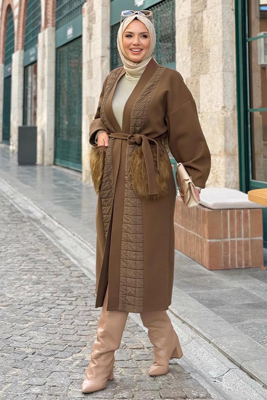 Tesettür giyim KAHVE KUŞAKLI KABAN T 5687