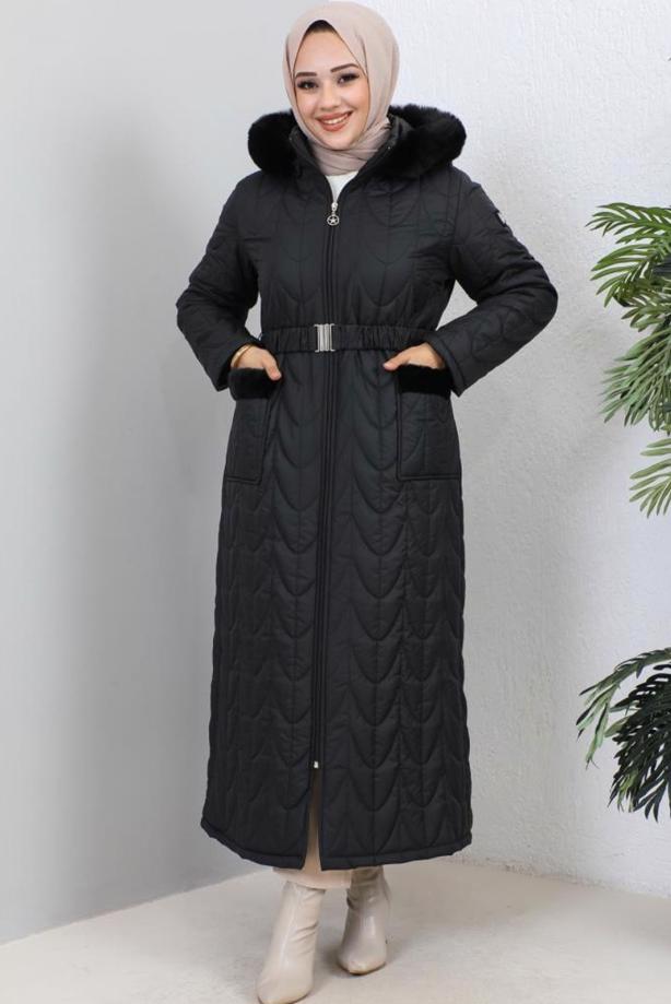 Vêtements hijab NOIR MANTEAU CEINTURÉ T 7019 - TRENDTESETTÜR
