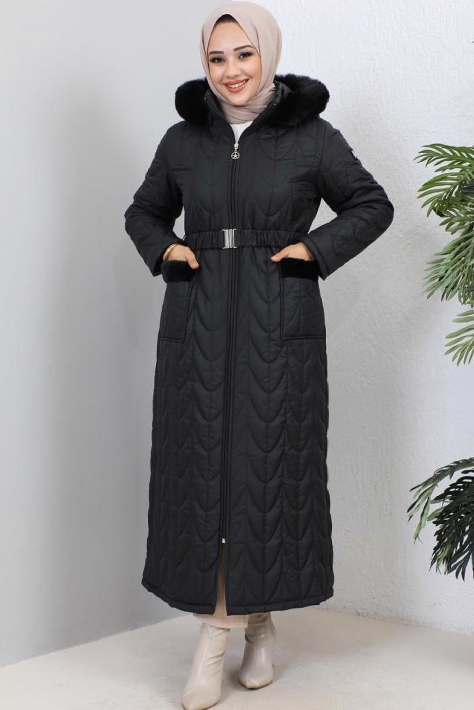 Tesettür giyim SİYAH KEMERLİ MANTO T 7019