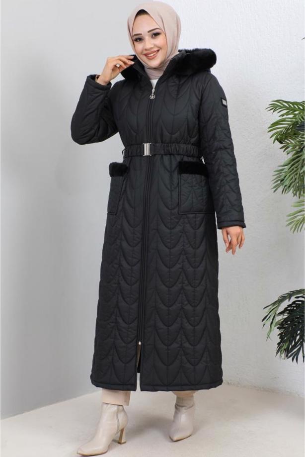 Vêtements hijab NOIR MANTEAU CEINTURÉ T 7019 - TRENDTESETTÜR