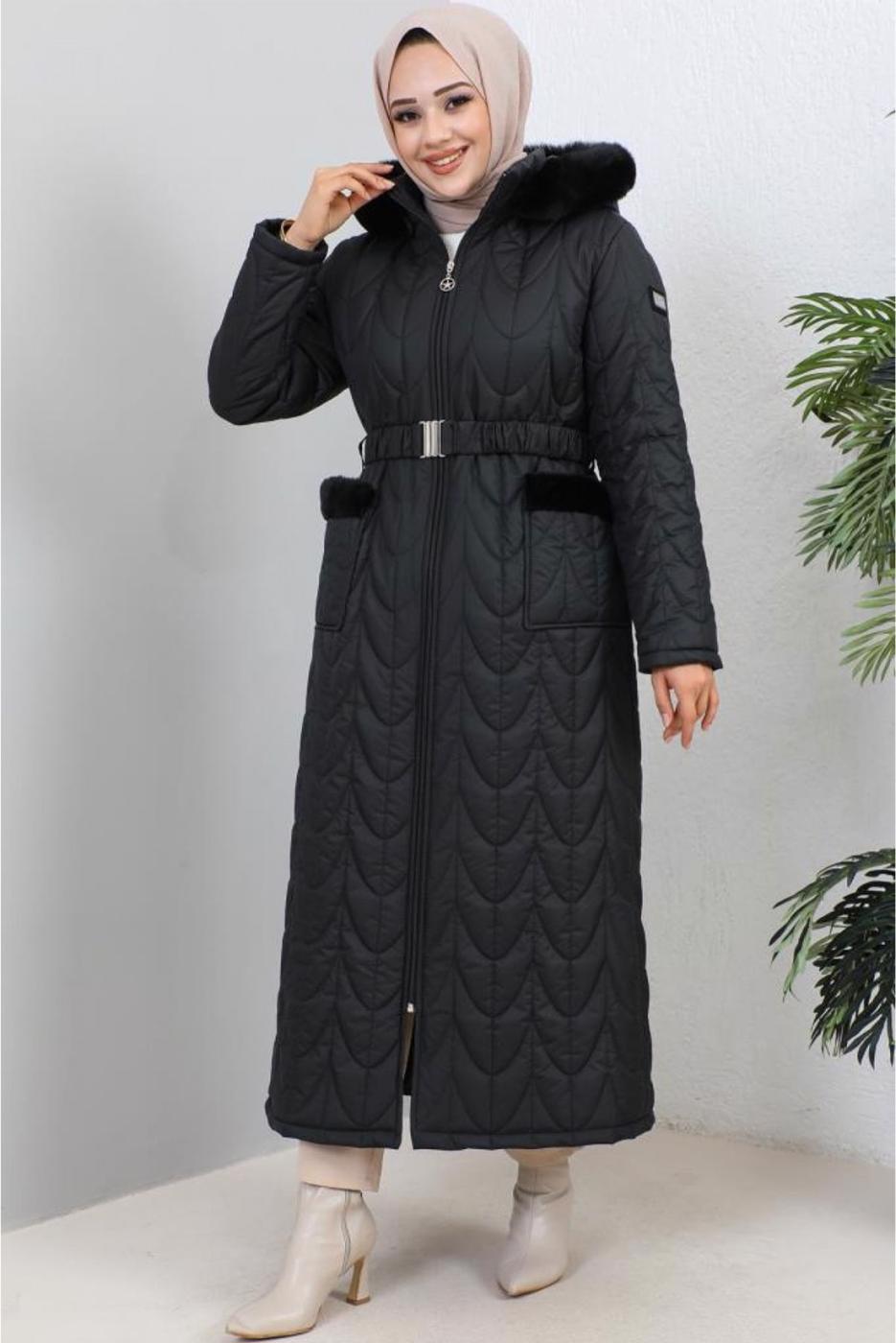 Tesettür giyim SİYAH KEMERLİ MANTO T 7019