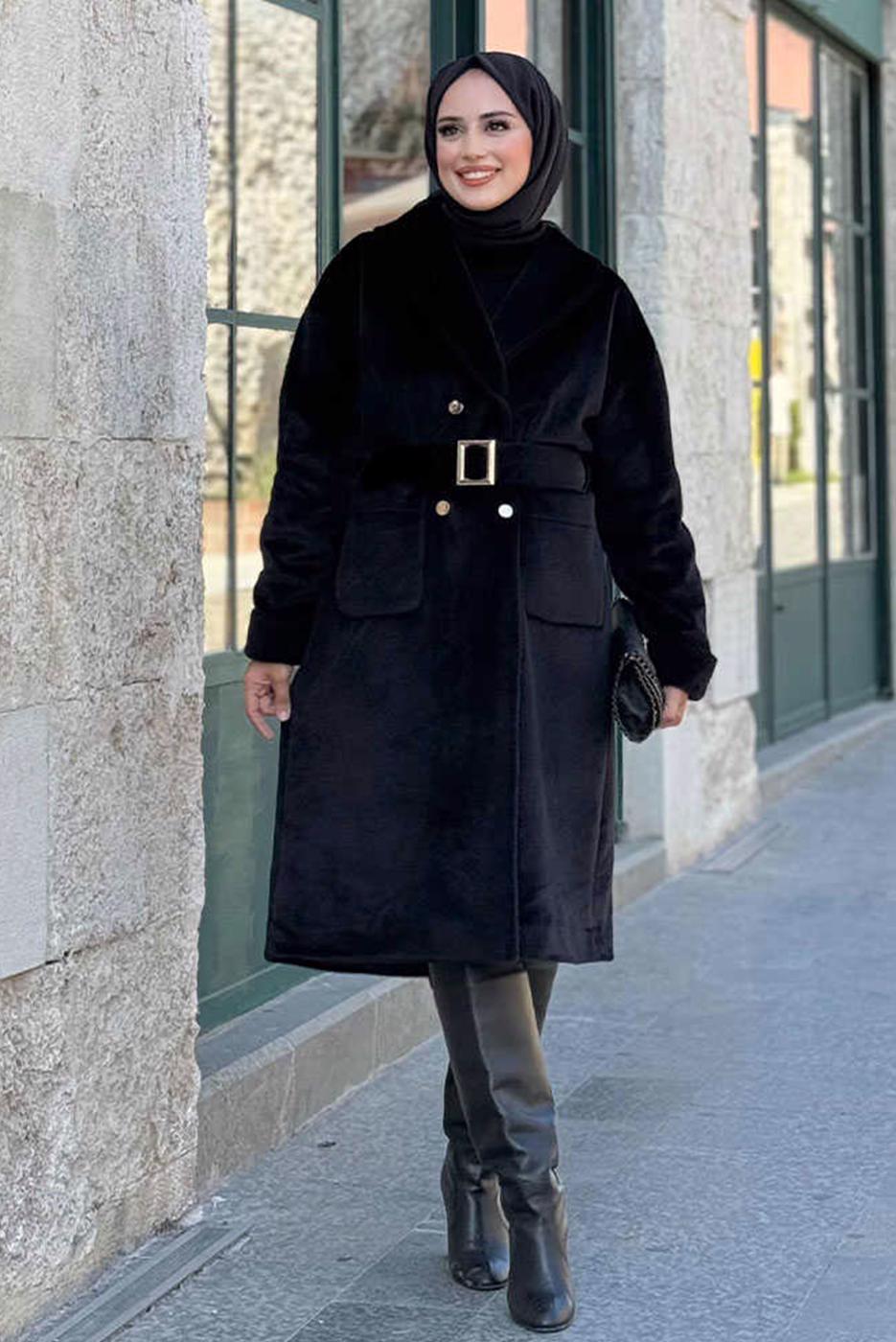 Tesettür giyim SİYAH KEMERLİ KABAN T 8297