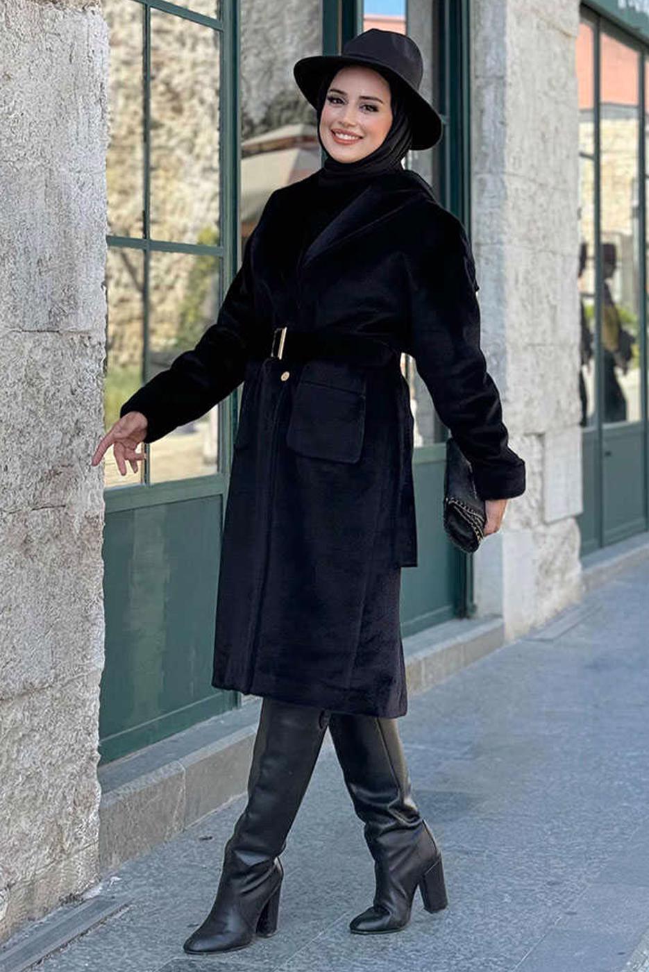 Tesettür giyim SİYAH KEMERLİ KABAN T 8297