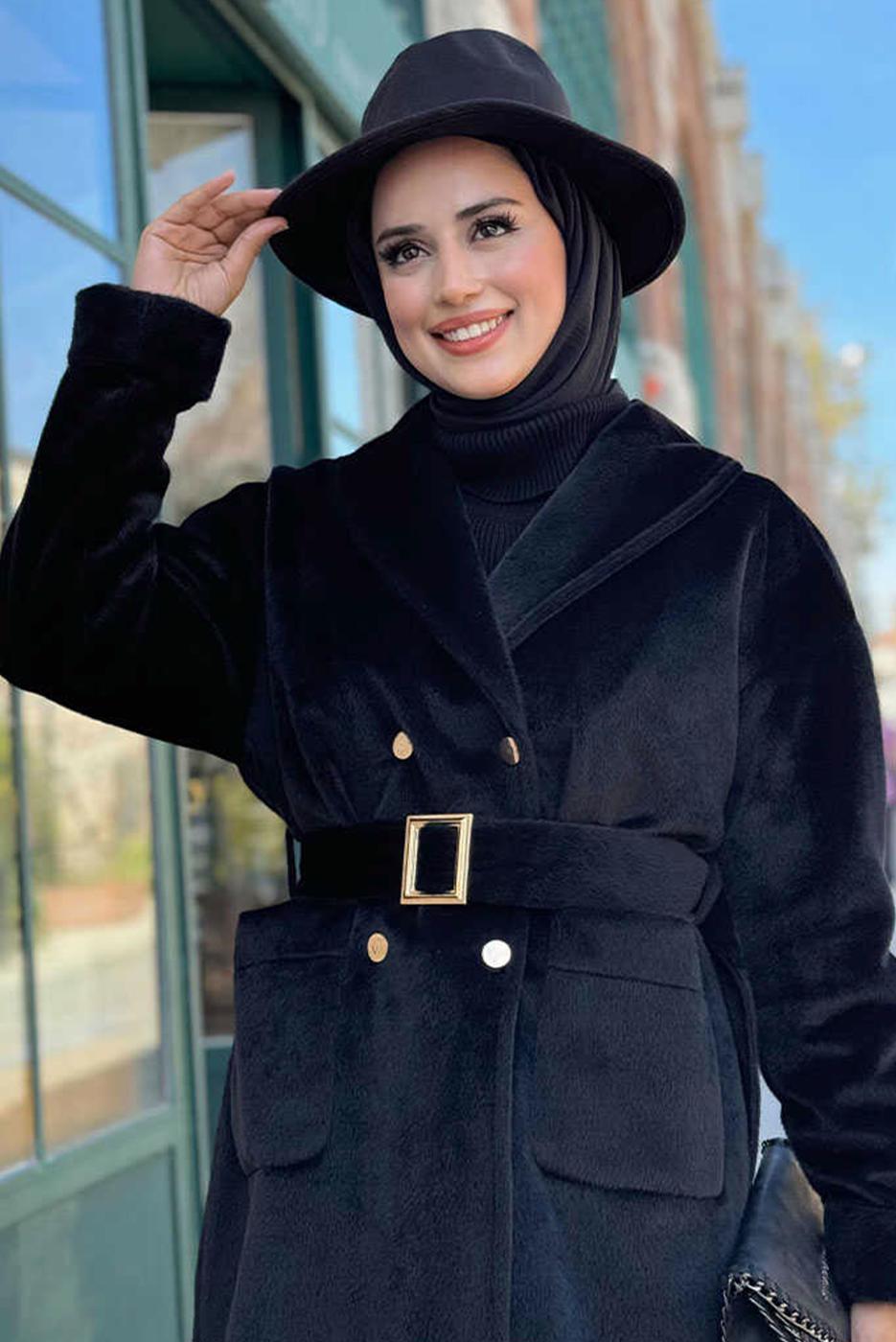 Tesettür giyim SİYAH KEMERLİ KABAN T 8297