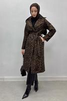 Tesettür giyim KAHVE KUŞAKLI LEOPAR DESENLİ KABAN T 8516