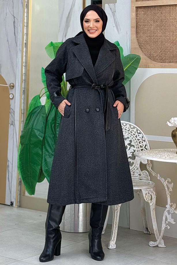 Vêtements hijab NOIR MANTEAU CEINTURÉ T 8687 - TRENDTESETTÜR