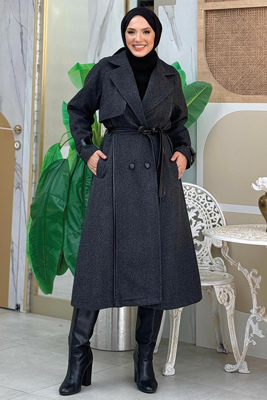 Vêtements hijab NOIR MANTEAU CEINTURÉ T 8687