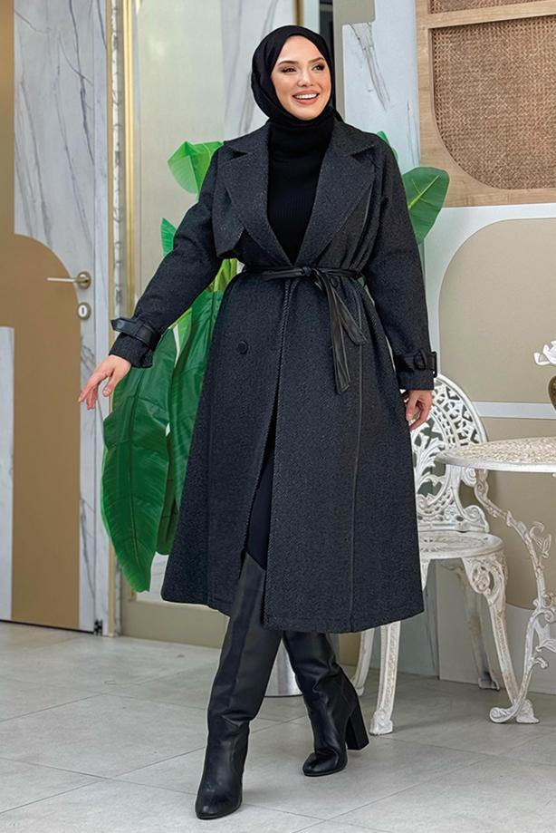 Vêtements hijab NOIR MANTEAU CEINTURÉ T 8687 - TRENDTESETTÜR