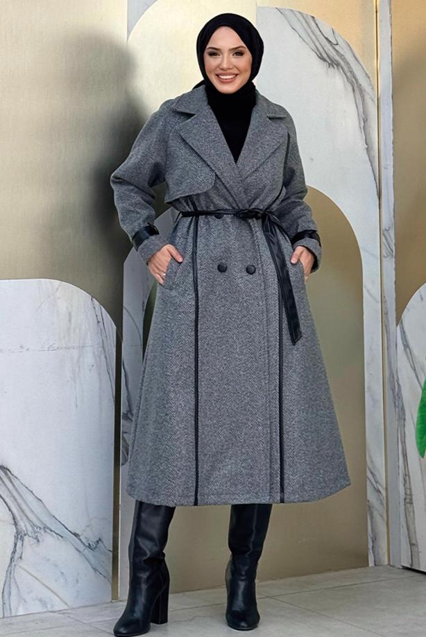 Vêtements hijab GRIS MANTEAU CEINTURÉ T 8687 - TRENDTESETTÜR