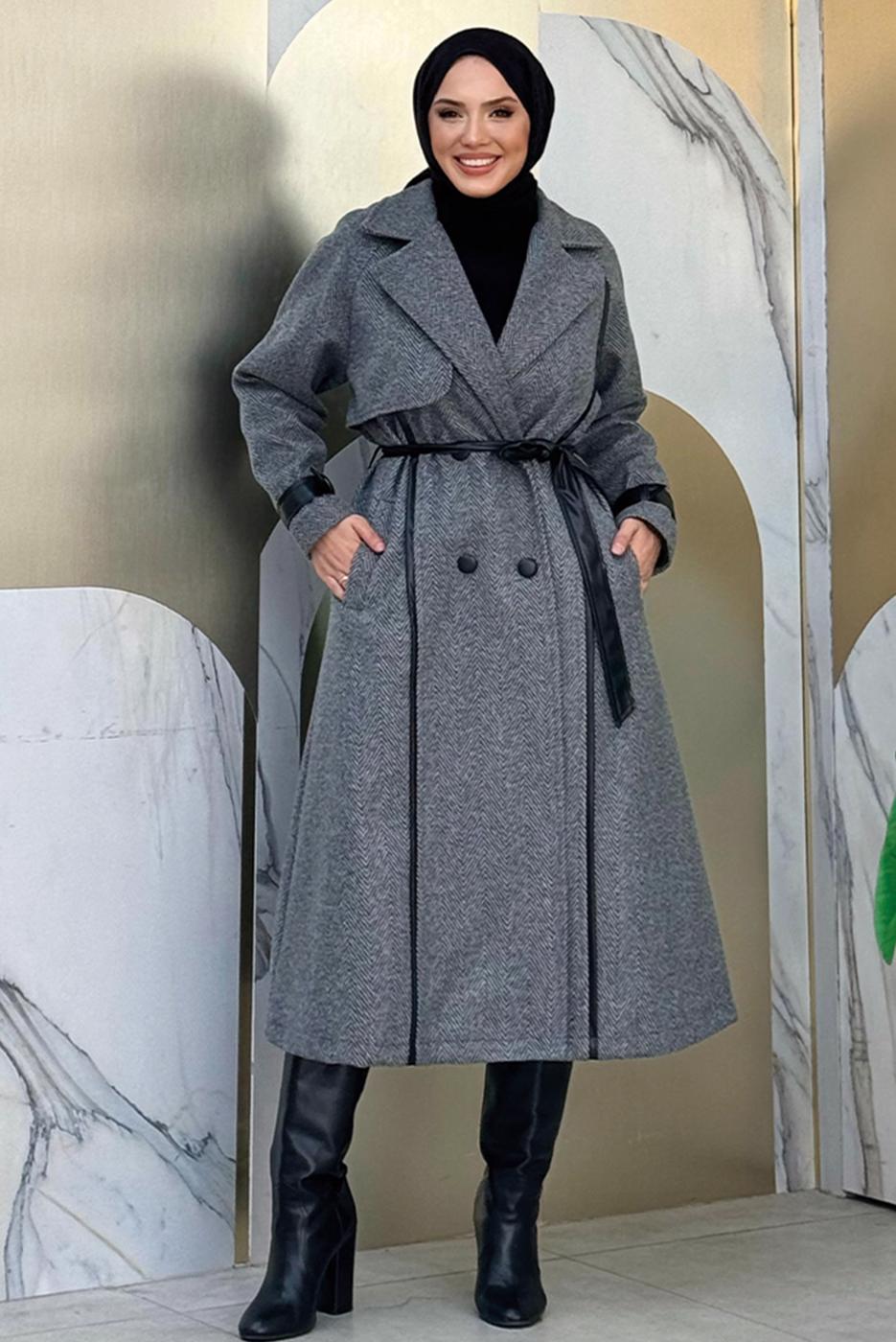 Vêtements hijab GRIS MANTEAU CEINTURÉ T 8687
