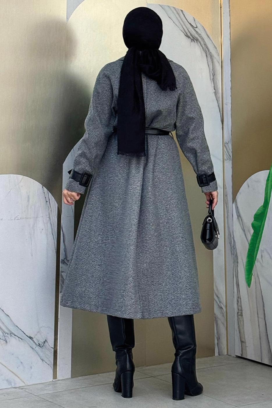 Vêtements hijab GRIS MANTEAU CEINTURÉ T 8687
