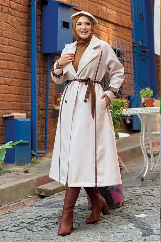 Vêtements hijab ÉCRU MANTEAU CEINTURÉ T 8687 - TRENDTESETTÜR