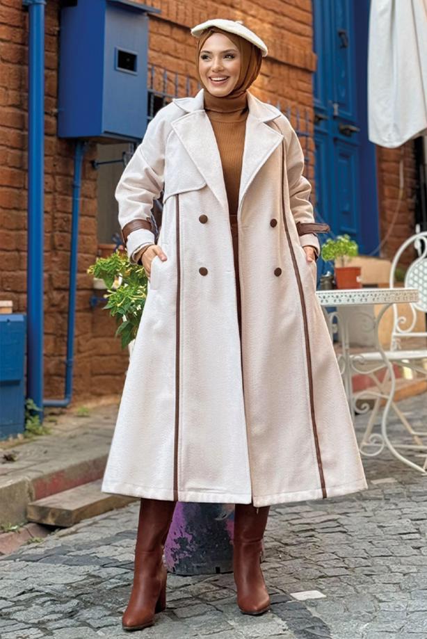 Vêtements hijab ÉCRU MANTEAU CEINTURÉ T 8687 - TRENDTESETTÜR