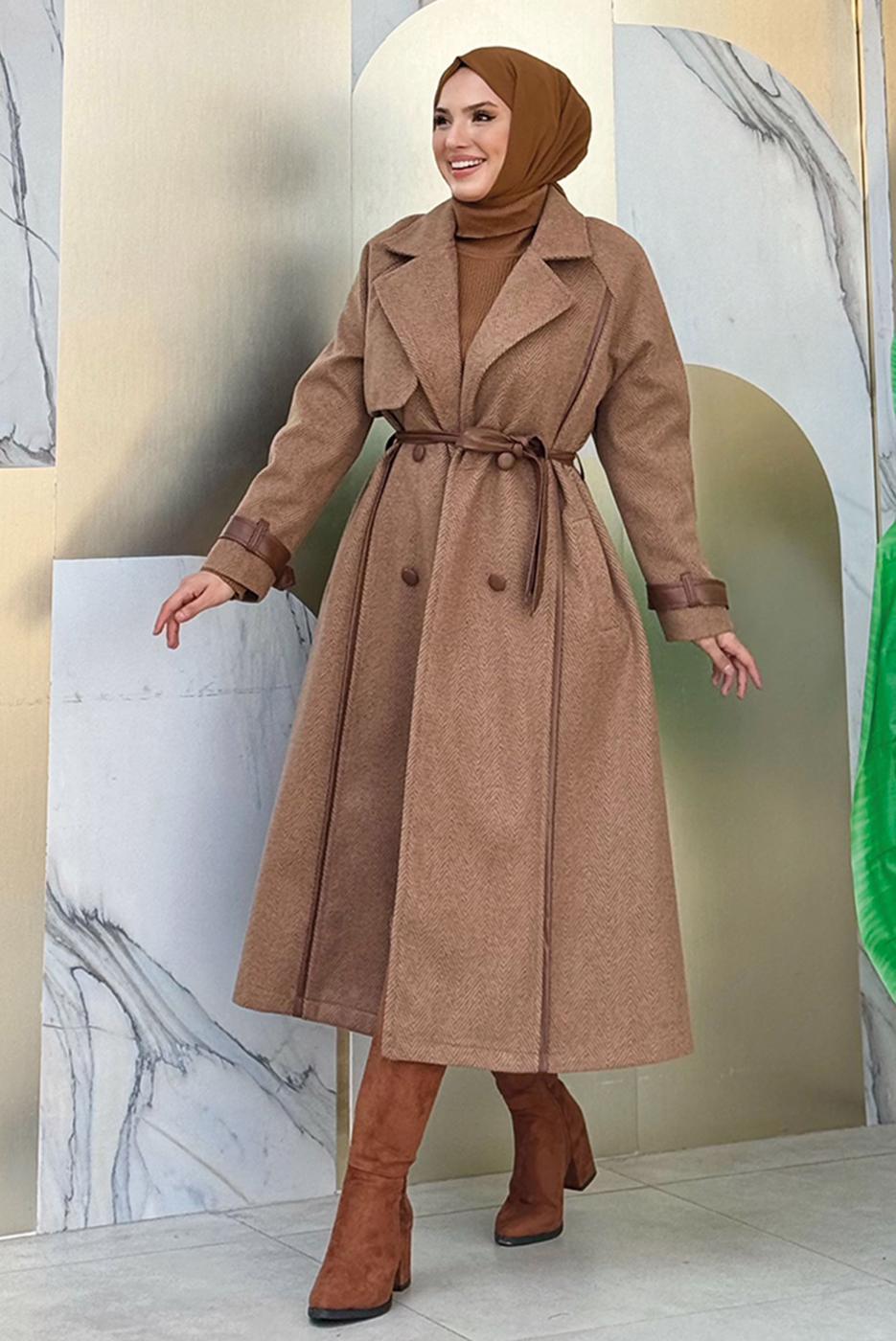 Vêtements hijab BRUN MANTEAU CEINTURÉ T 8687