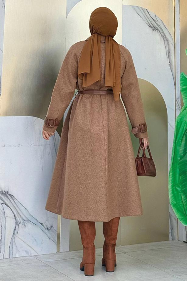 Vêtements hijab BRUN MANTEAU CEINTURÉ T 8687 - TRENDTESETTÜR