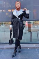 Tesettür giyim SİYAH KUŞAKLI KABAN T 9595