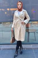 Tesettür giyim EKRU KUŞAKLI KABAN T 9595