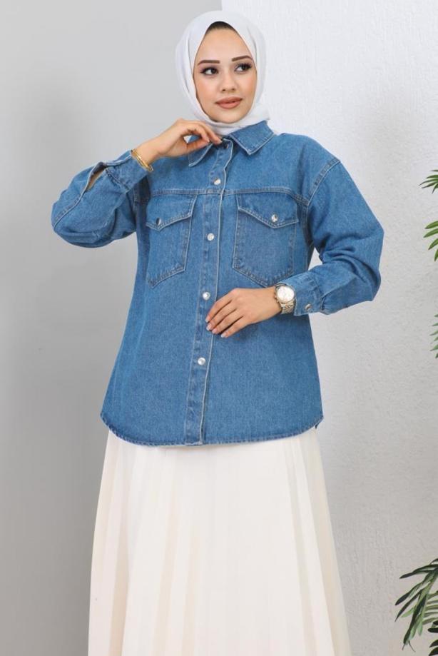 Tesettür giyim LACİVERT PAMUKLU KOT CEKET T 9560 - TRENDTESETTÜR