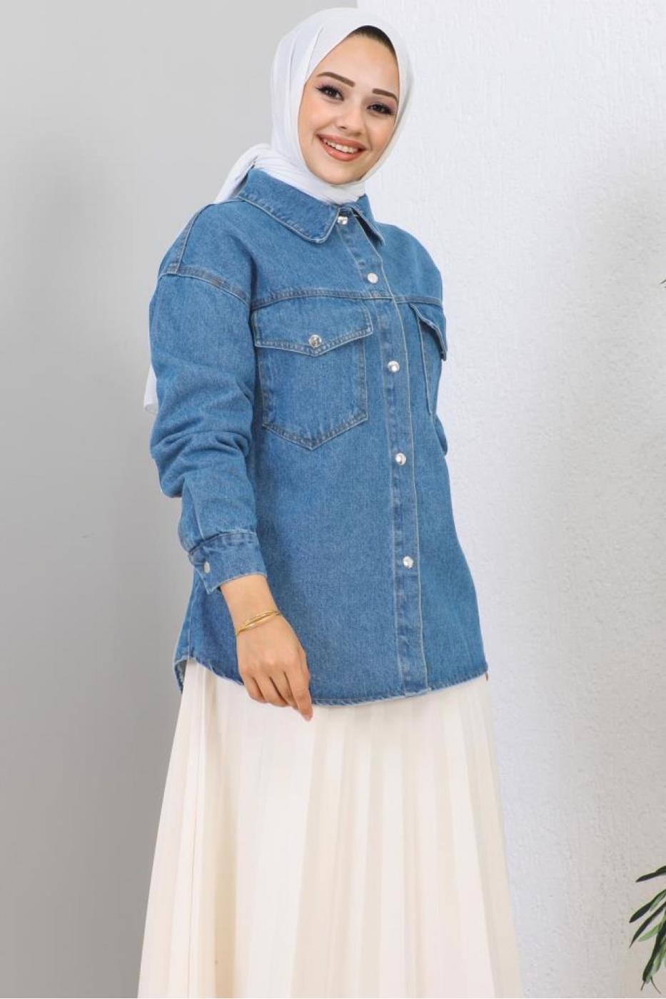 Tesettür giyim LACİVERT PAMUKLU KOT CEKET T 9560