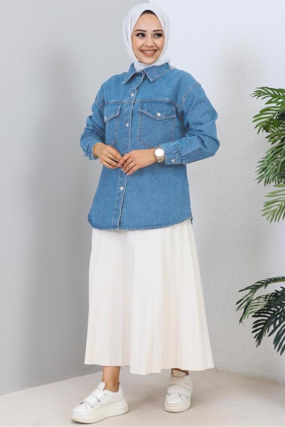 Tesettür giyim LACİVERT PAMUKLU KOT CEKET T 9560